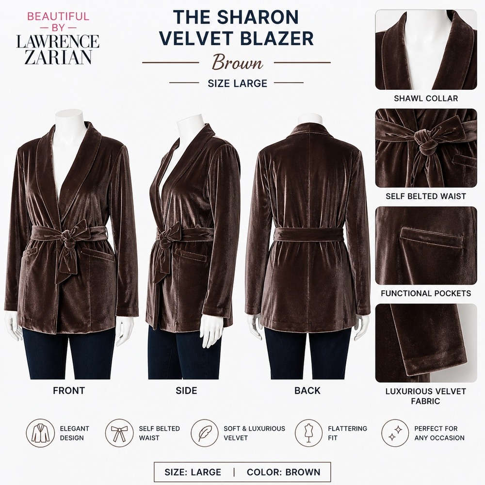 Beautiful by Lawrence Zarian The Sharon Velvet Blazer Brown Womens Large A670969
